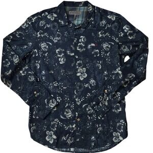 Cotelac Navy Floral Rose Print Button Down Shirt Women L Long Sleeve Portugal